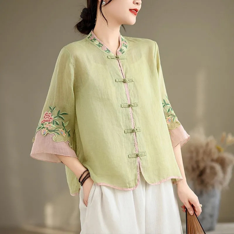 Cotton and Linen New Summer Retro Ethnic Stand-Up Collar Embroidered Shirt for Women Retro Buckle Color-Blocked Three-Quarter Sleeve Top Loose