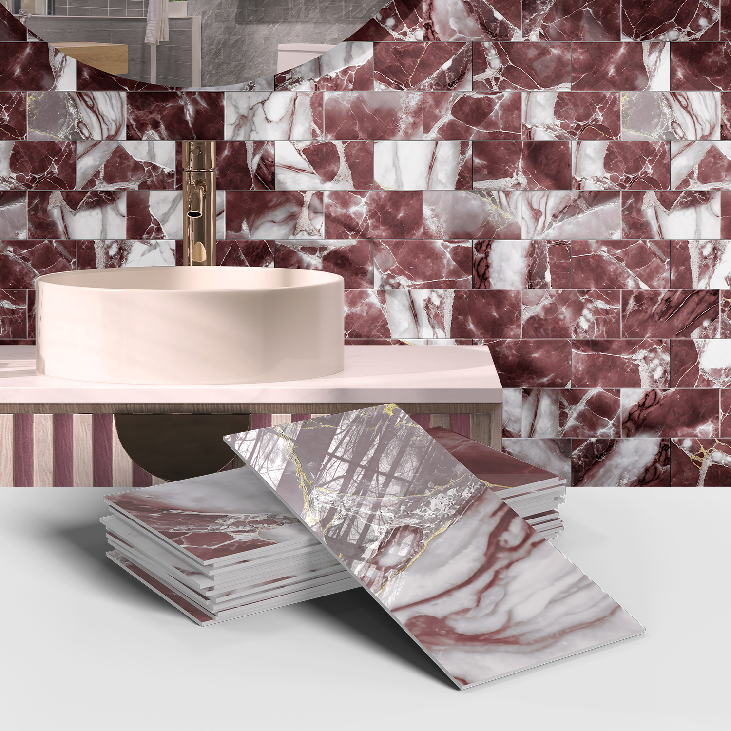 Picture of Crystal Marble Tile Wall Stickers Thickened PET Waterproof Self-adhesive Wallpaper for Kitchen Living Room Wall Decoration Cross Border