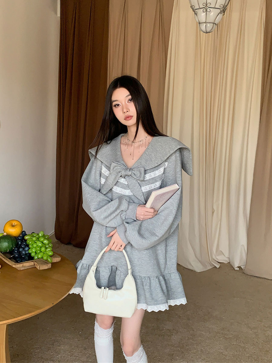 dress Women's Design Sense Niche Bow Tie Band Mariners Collar Ruffled Lace Stitching Hem Sweatshirt Dress Autumn