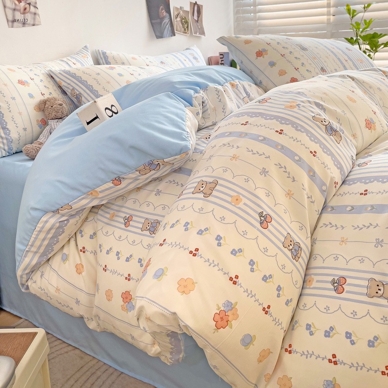 Category a Maternal and Infant Grade Washed Cotton Four-Piece Dormitory Set, Small Fresh Naked Sleeping Three-Piece Set, Ins Double-Layer Gauze Bed Bed Sheets and Quilt Set