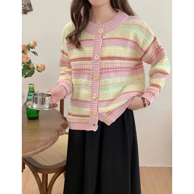 Early Autumn 2023 new Korean style loose striped coat versatile knitted sweater cardigan coat for women