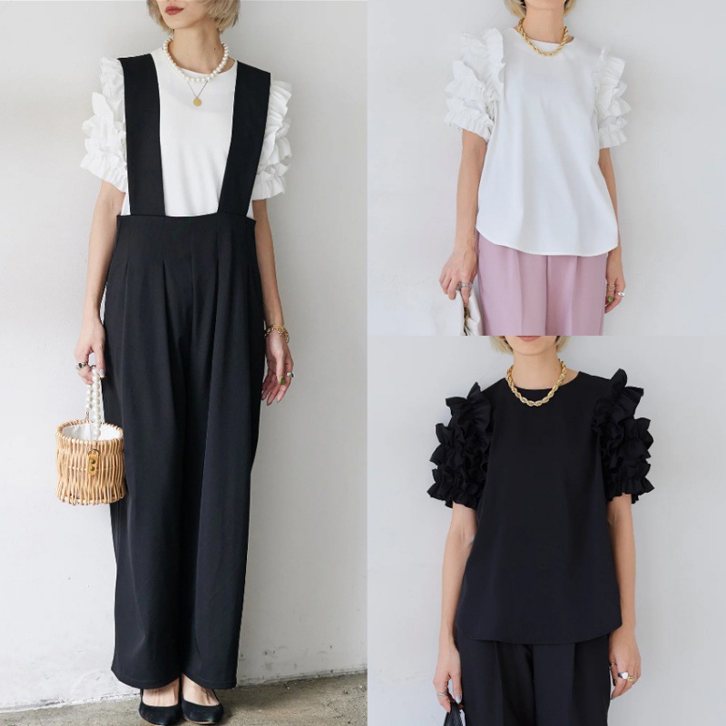 Multiplication Pre-sale New Puff Sleeve Ear Edge Decoration Women's Fashion All-match Chiffon Shirt Stacked Top