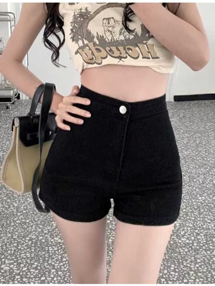 Picture of Black A- word Denim Shorts Women's Summer Spice Girls Stretch High Waist Slim Look Small Hot Pants Straight-leg Wide-leg Pants