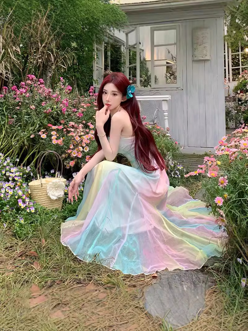 Cross-border New Real Shot French Style Gentle Sling dress Women's Summer Fairy Dress Niche Seaside Holiday Beach