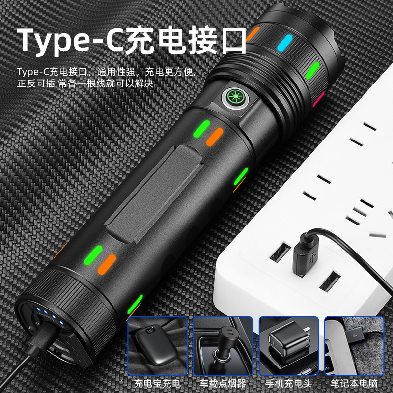 New led white laser flashlight Type-c charging belt output outdoor lighting night patrol strong light