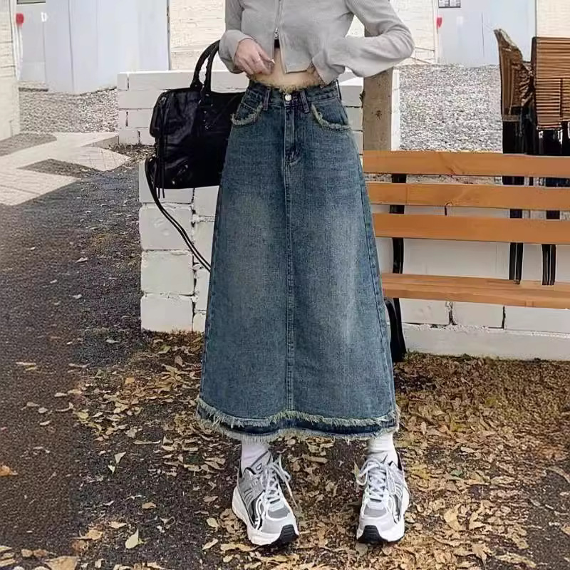 Vintage High Waist Denim Skirt Women's Spring and Summer New American Style chubby girl plus size Pear Shape A- Line Long Skirt