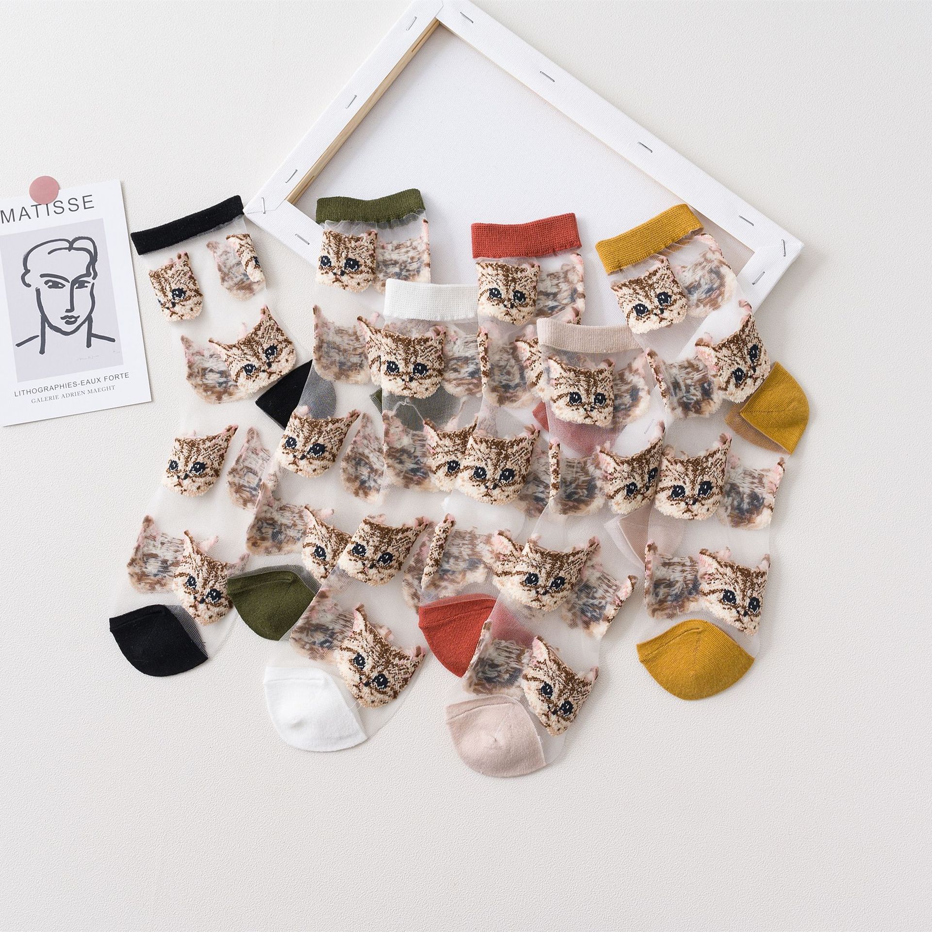 Summer Ultra-Thin Women's Socks Japanese Korean Style Cat Glass Silk Mid-Tube Short Socks Crystal Silk Cute and Fun