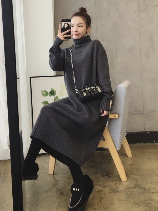 Picture of 2024 autumn and winter Loose Women's sweater skirt mid-length over-the-knee inner wear western style thickened knitted dress