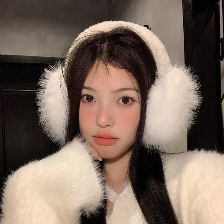 White fluffy soft cute plush earmuffs cycling anti-freezing earmuffs foldable winter earmuffs female windproof earmuffs