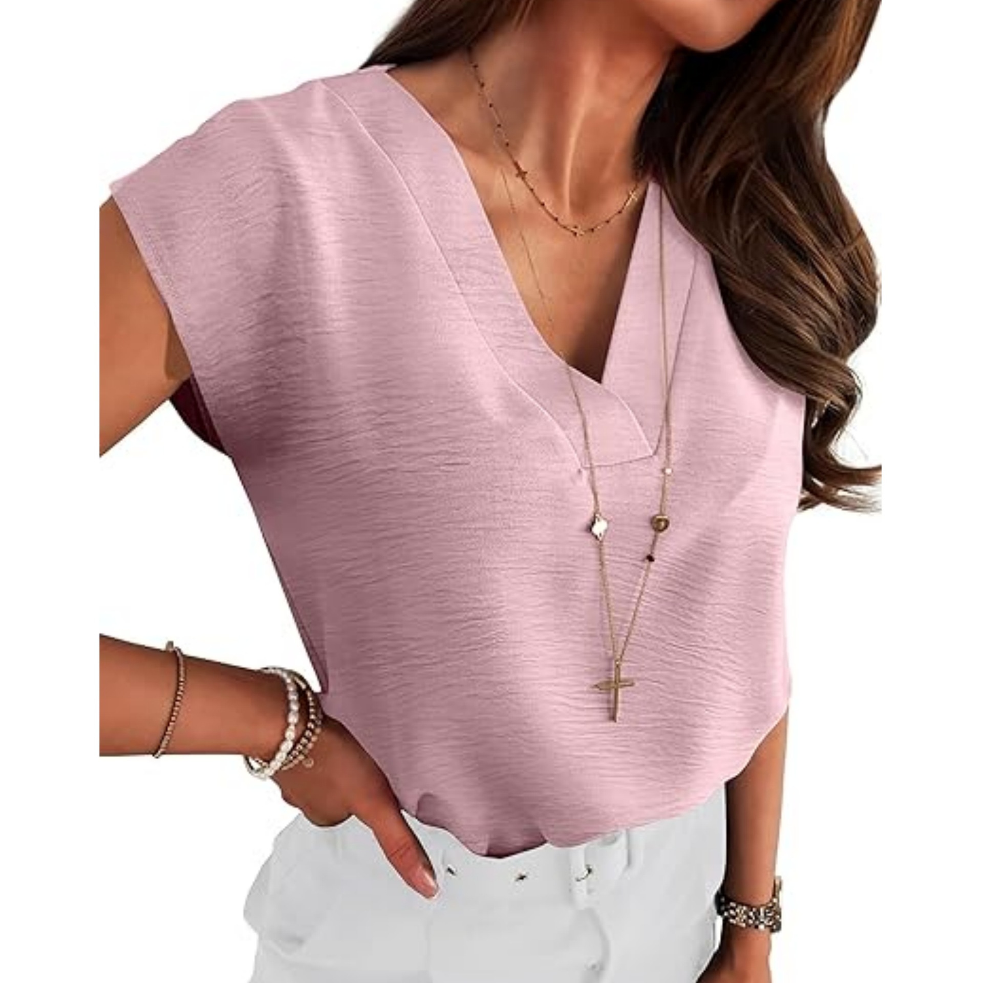 Picture of Cross-Border Export Amazon Independent Station 2025 Women's European and American Elegant Shirt V Neck Short-Sleeved Pullover Sleeveless Shirt