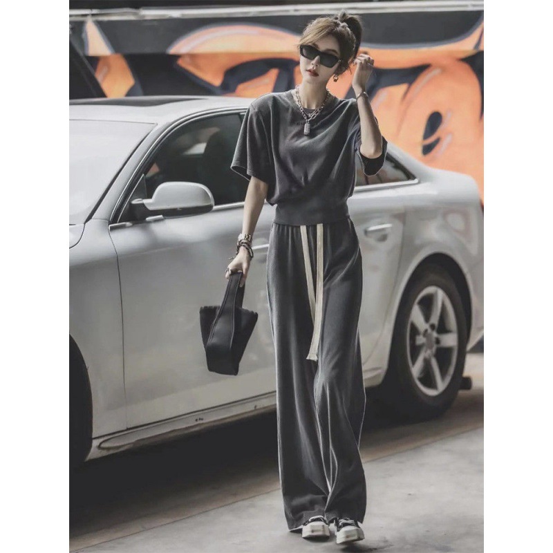 European Station 2023 Summer Suit Women's Thin Western Style New Fashion Casual Slimming Short-sleeved T-shirt Wide-leg Pants Two-piece Set