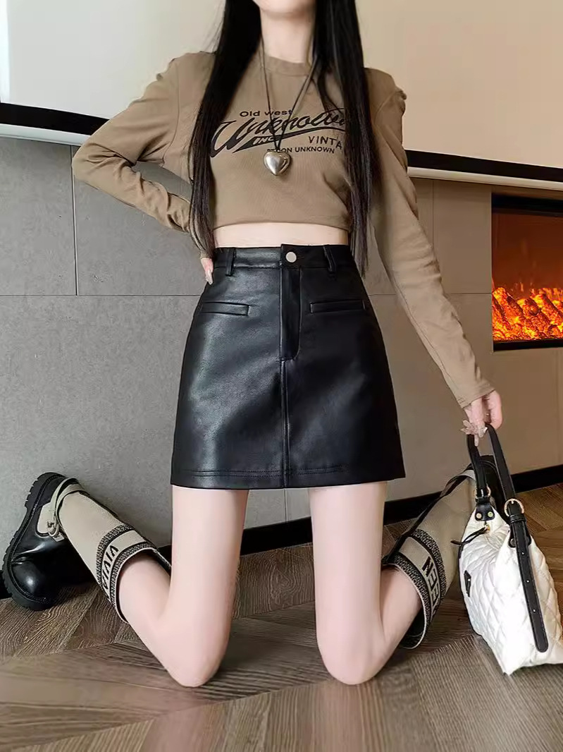 pu leather half-length skirt hip early autumn and winter 2024 new high waist women's short skirt versatile small leather skirt slimming