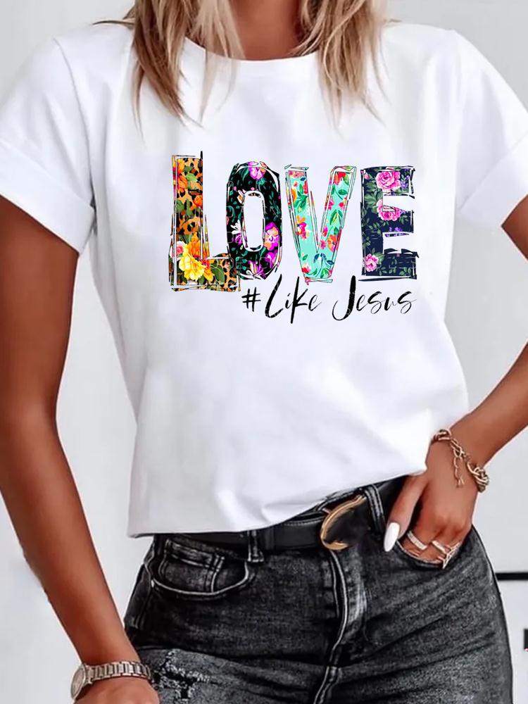 2023 Letter LOVE Flower Shrimp Round Neck Printed White T-shirt Short Sleeve Women's Foreign Trade Cross-border ebay Amazon