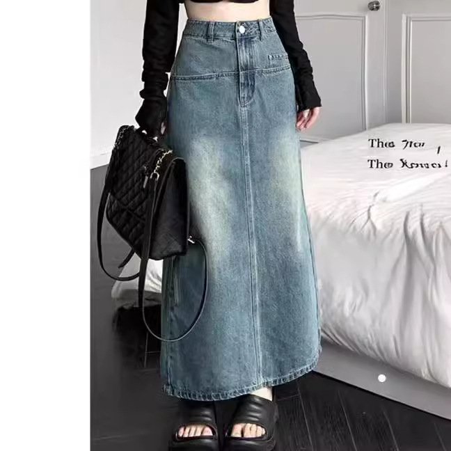 Hong Kong Style Vintage Split Denim Skirt Women's Spring New Arrival High Waist All-Match A- Line Skirt Mid-Length Skirt