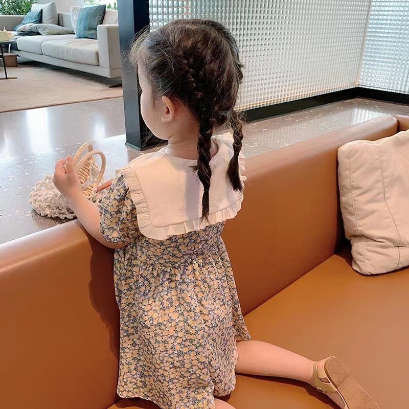 Picture of 2024 summer new girls Korean style lapel floral princess dress children baby summer short sleeve dress