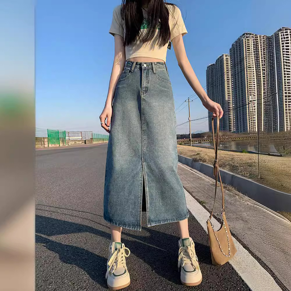 Denim Skirt Women's Autumn High Waist Hip Skirt 2024 New Retro Straight Loose A- shaped Mid-length Overskirt