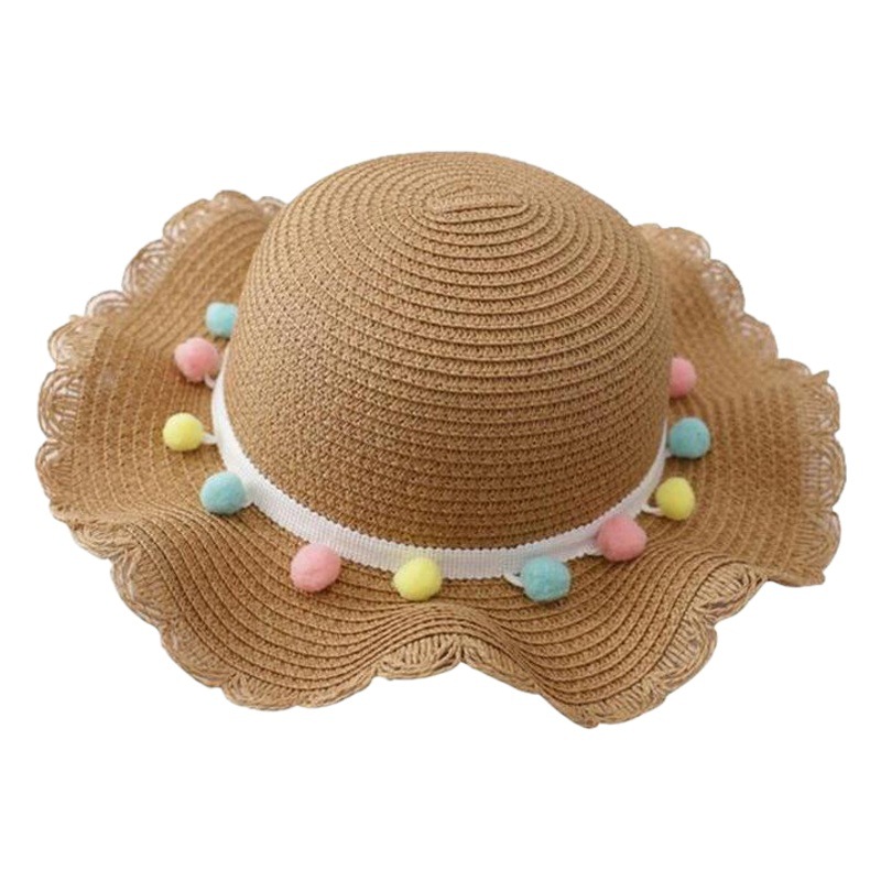 Small Color Ball Solid Color Children's Straw Hat Woven Cool Hat Fashionable Summer Sunshade Travel Beach Hat Bag Set