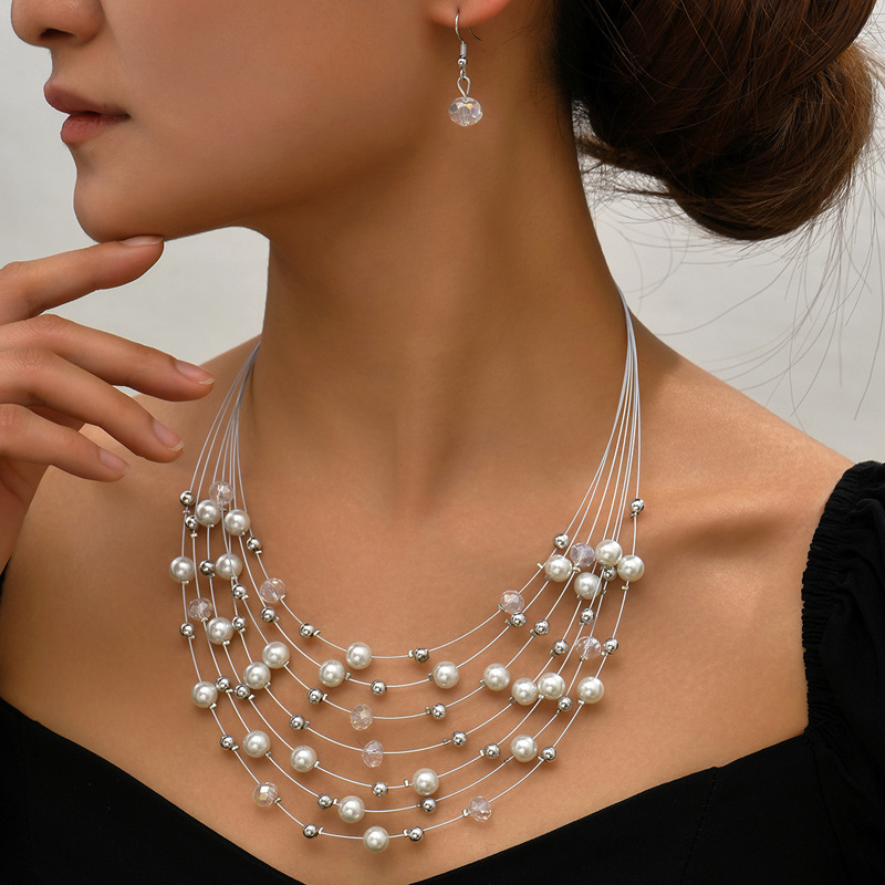 Picture of European and American Cross-border Hot Selling Bohemian Ethnic Style Handmade Beaded Crystal Pearl Multi-layer Necklace Earrings Set for Women