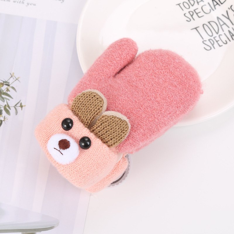 Picture of 0-3 years old cute ears bear cartoon children's gloves winter knitted wool double plus velvet padded warm