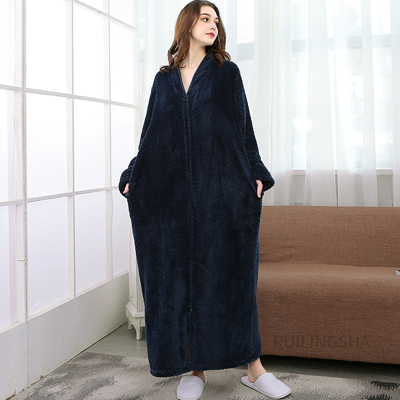 Picture of Couple Autumn and Winter Thickeneded Warm Flannel Nightgown Women's Long Men's Large Size Coral Velvet Bathrobe Zipper Pajama Dress