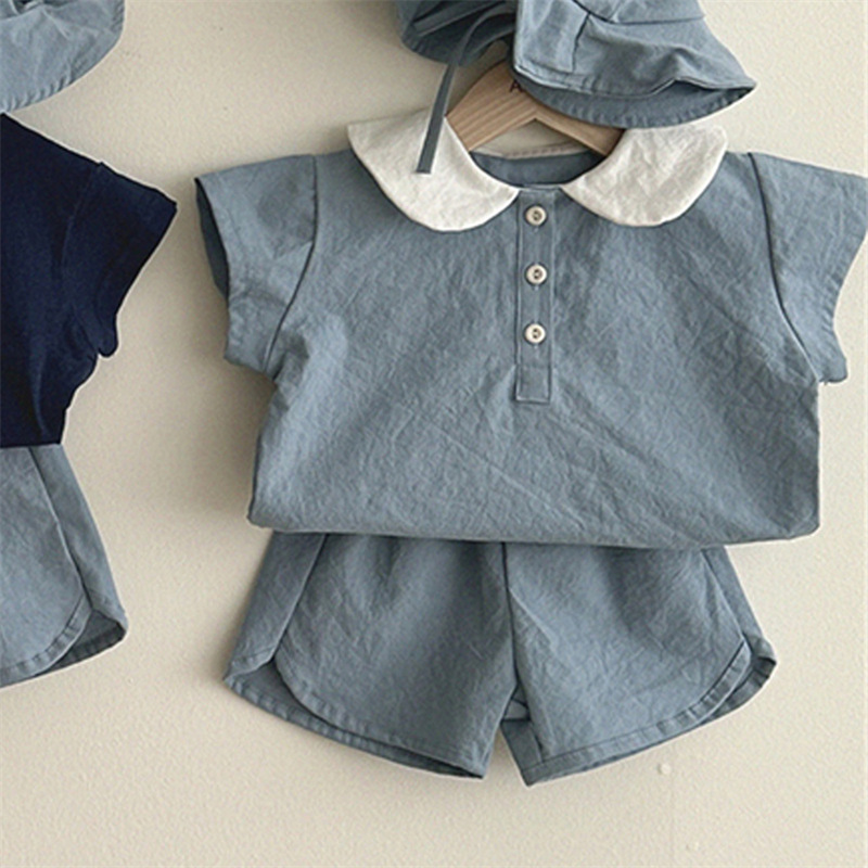 2024 Children's Clothing K-Style Ins Boys and Girls Summer Suit Cotton Fashionable Lapel Short-Sleeved Shorts Two-Piece Set
