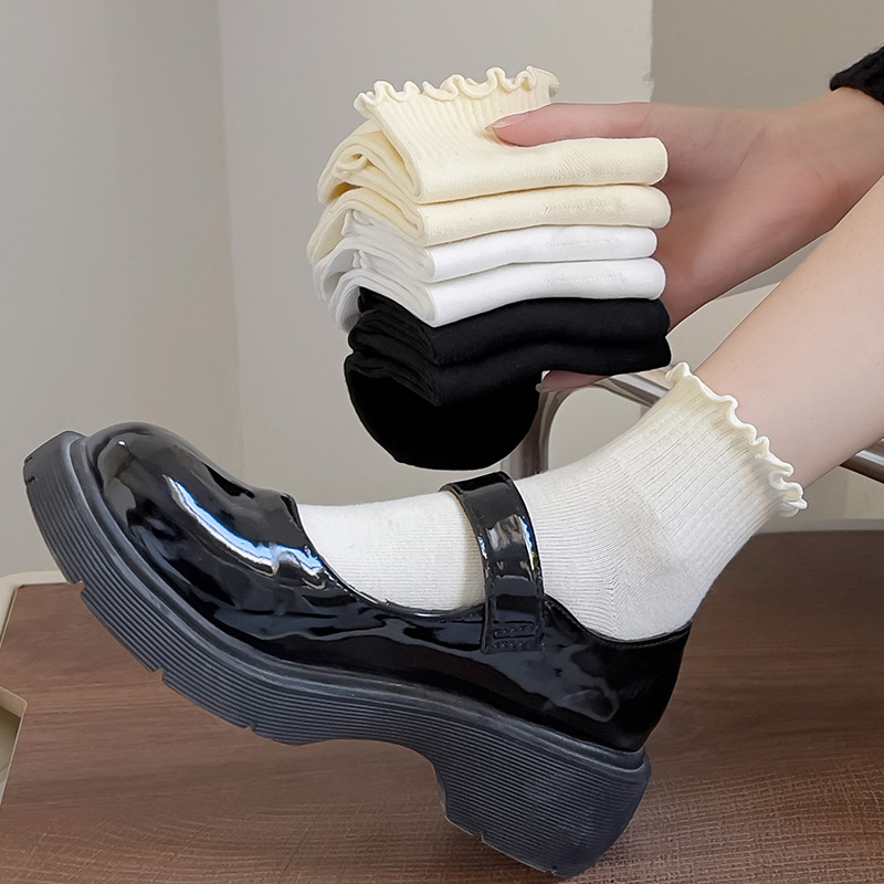 Ruffled Edge Socks for Women, Summer Short Mary Jane Shoes, Pure Cotton Lace Socks, Spring and Autumn Women's White Short Casual Socks