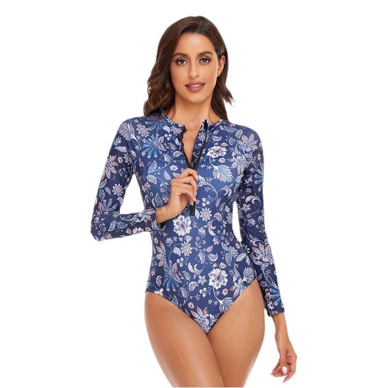 Amazon Women's zipper swimming suit surfing waterproof sunscreen long sleeve conservative swimsuit European and American one-piece diving suit women