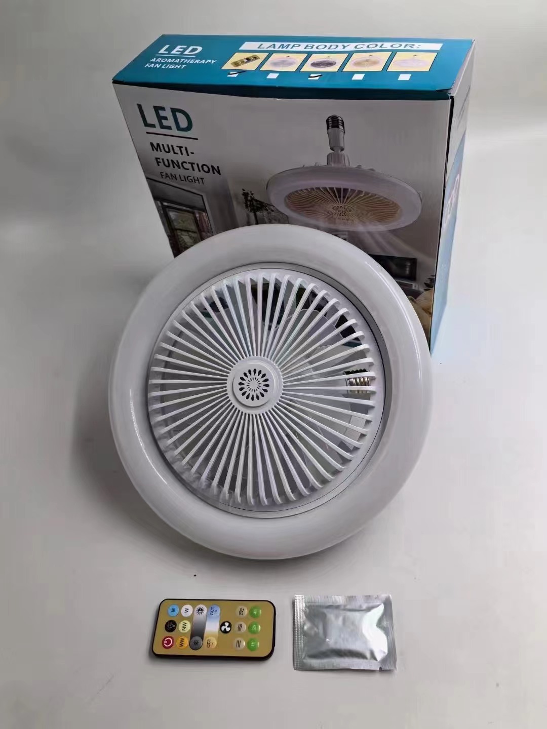 Picture of Led fan light crystal 360 ° shaking head E27 household three-color ceiling fan light remote control shift bedroom fan light