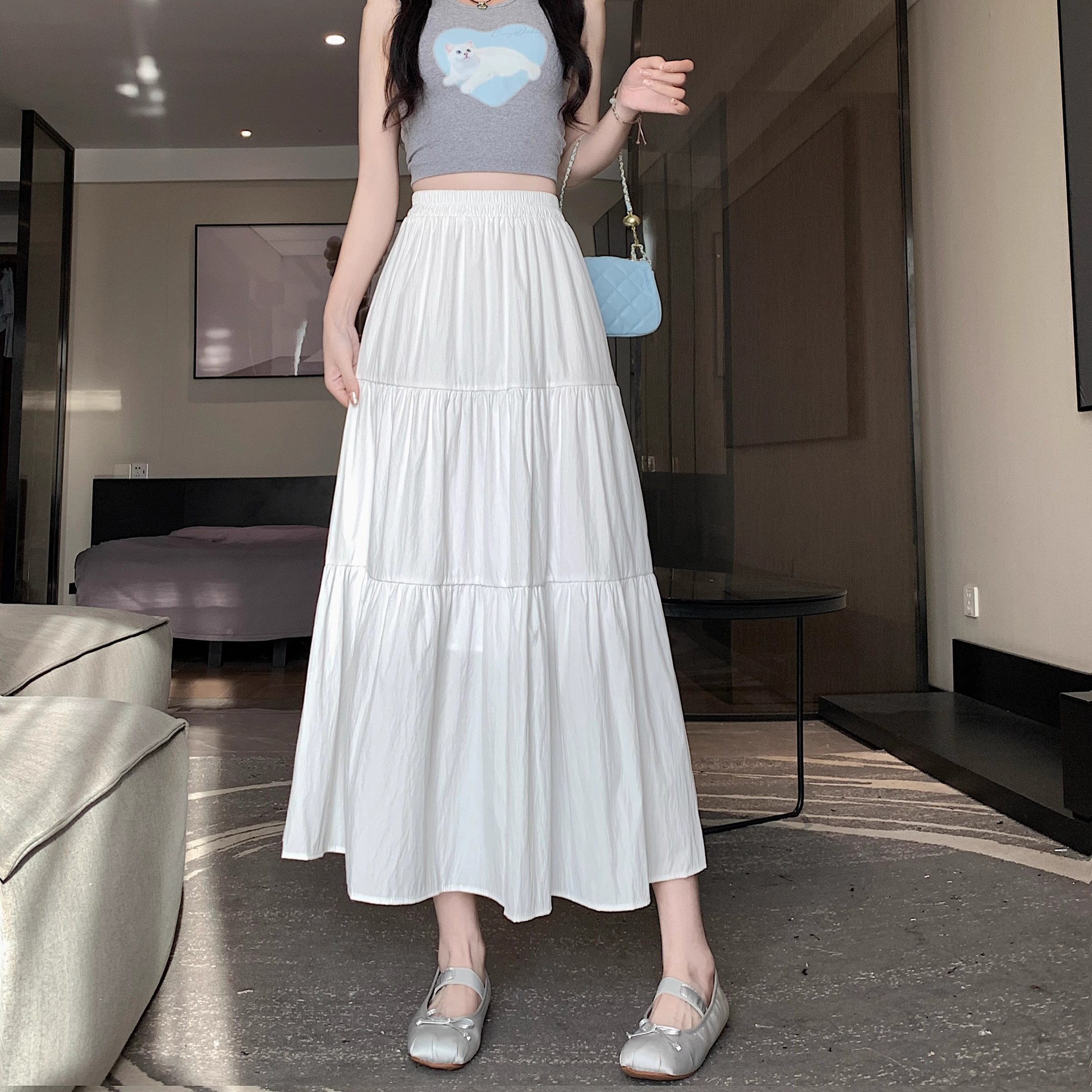 White A-Line Yarn New Fashion High-Waisted Mid-Length Skirt 2024 Cake Fairy Summer Skirt Women's Summer