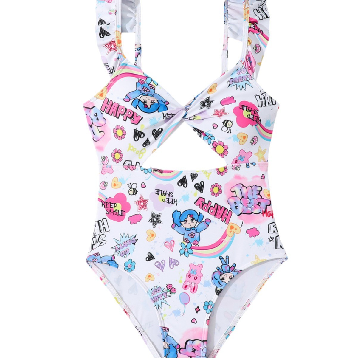 Picture of New Girls' Piece Swimsuit Hollow-out Ruffled Ear Edge Sling Children's Swimsuit for Middle and Big Children Student Hot Spring