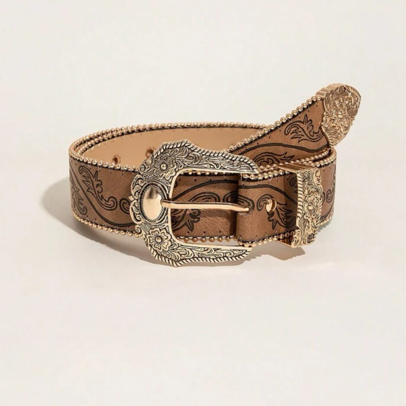 Brown Rose Embossed Bronze Distressed Buckle Western Retro Belt Fashion Maillard Sexy Jeans