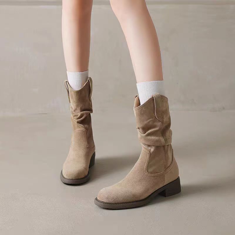 Stacked boots for women's 2025 fall/winter new Maillard western denim Martin boots, mid-leg boots, stretch boots, skinny boots