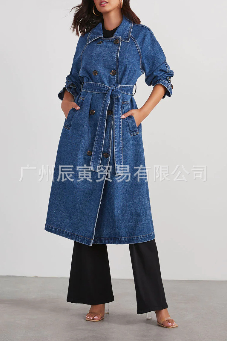 Picture of ins new European and American autumn and winter women's trench coat denim cotton solid color double pocket long buckle loose coat