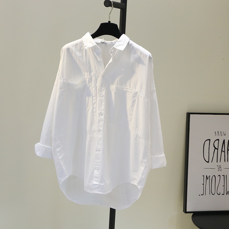 Double Pocket Front Short Back Long White Cotton Shirt Female 2 023 Spring Korean Loose Artistic bf Style Casual Shirt Trendy