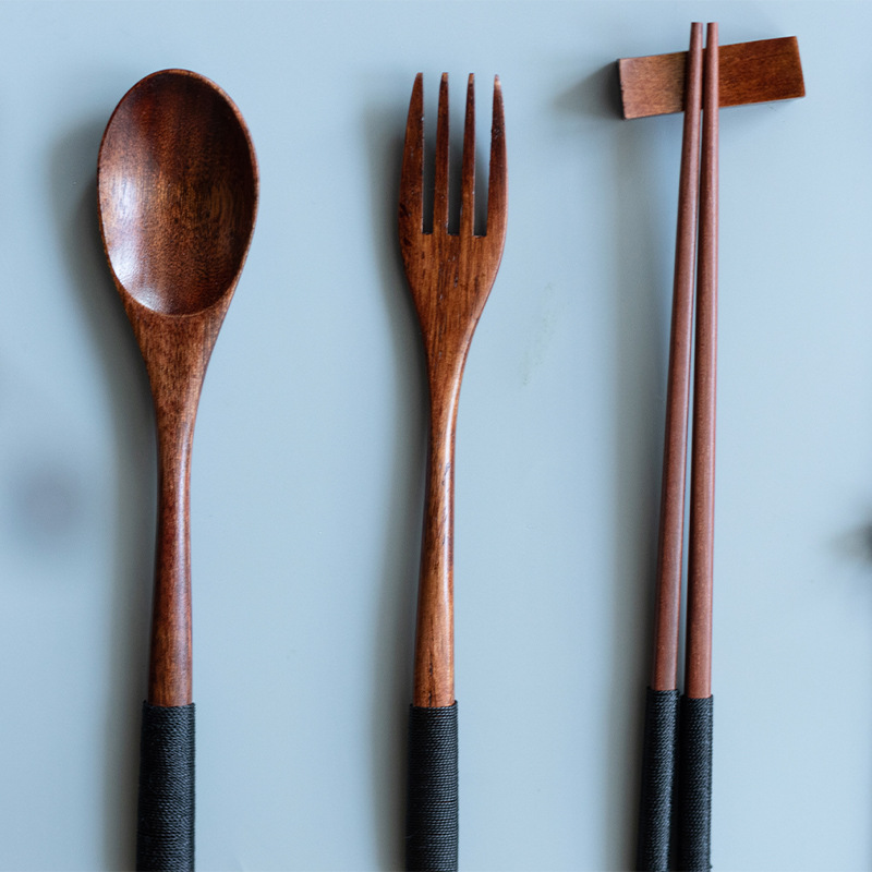 Picture of Japanese Style Wind Wooden Fork Spoon Chopsticks Wooden Bag Chopsticks Spoon Fork Travel Portable Tableware Three-piece Set
