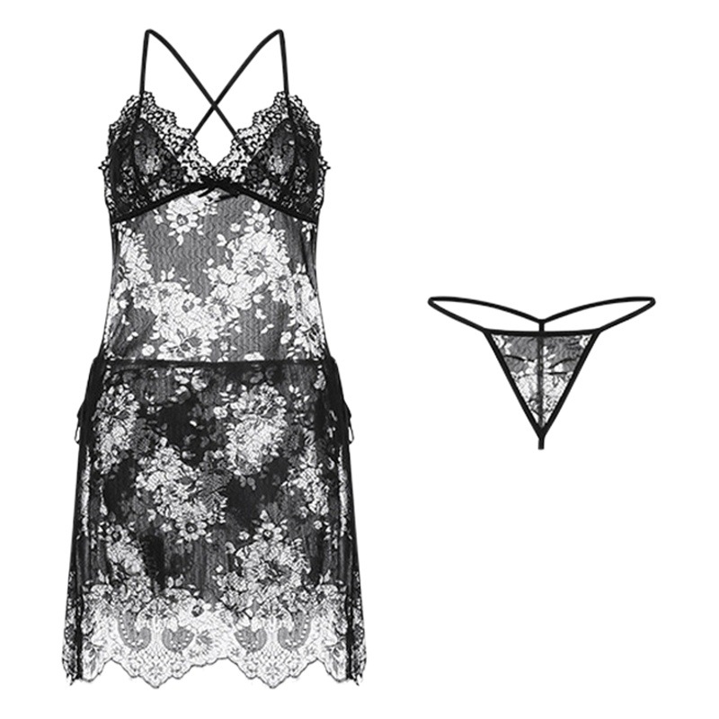 Foreign Trade Cross-border Sex Underwear Sexy Nightgown Perspective Temptation Lace Neck Private Pajamas Set 2051