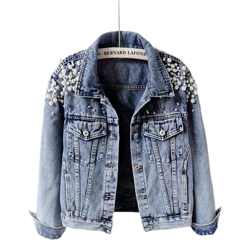 Jiakun Spring and Autumn Korean Fashion Beaded Short Denim Coat Women's Long Sleeve Jacket Shoulder Jacket Fashionable Beaded Beads