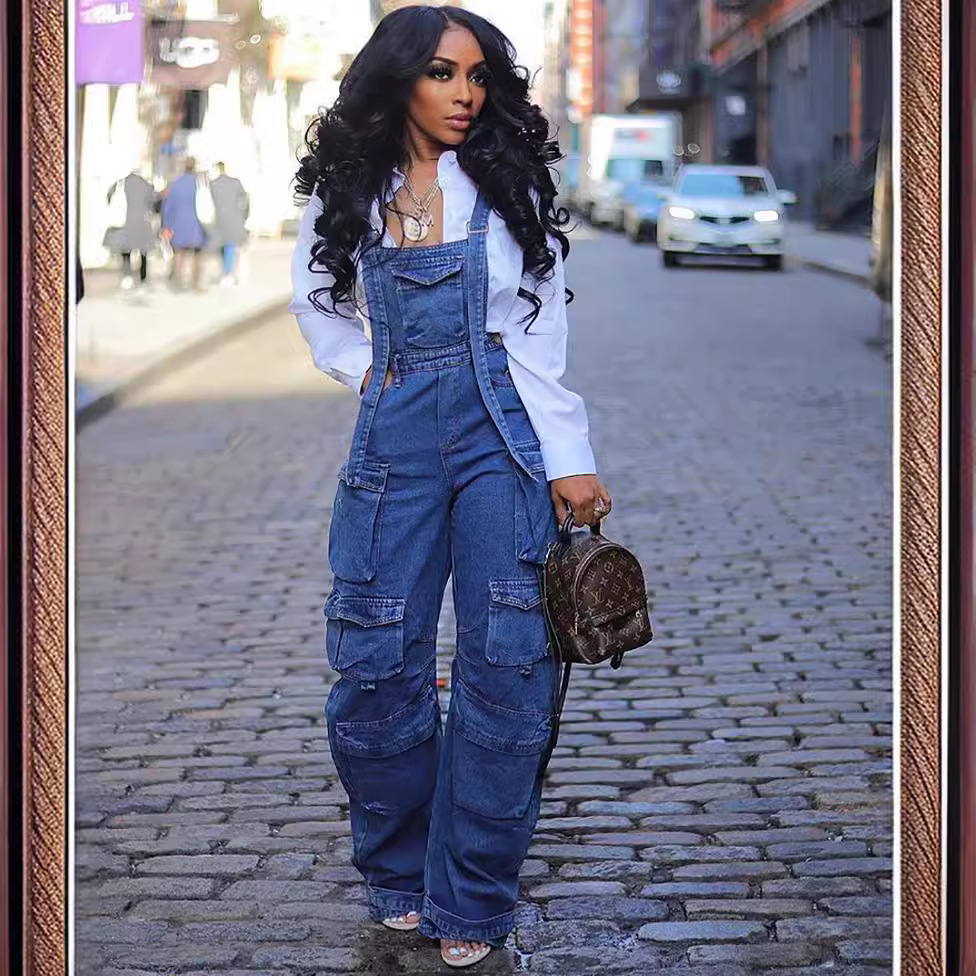 European and American women's loose Denim suspender pants Amazon cross-border Women's Spring Street Fashion multi-pocket jumpsuit
