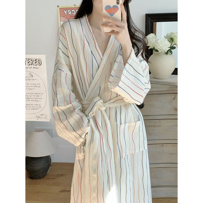 Real shot of the 2025 autumn Korean ins new colorful striped bathrobe pajamas women's dressing gown loungewear with waistline