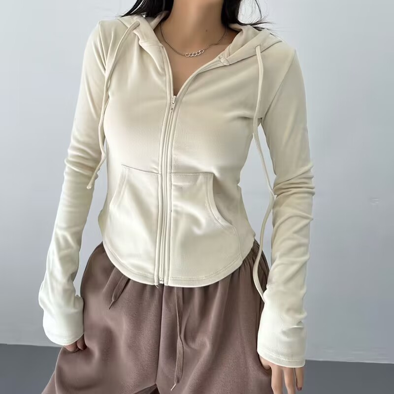 American Vintage Zipper Hooded Short Sweatshirt Waisted Long Sleeve Jacket