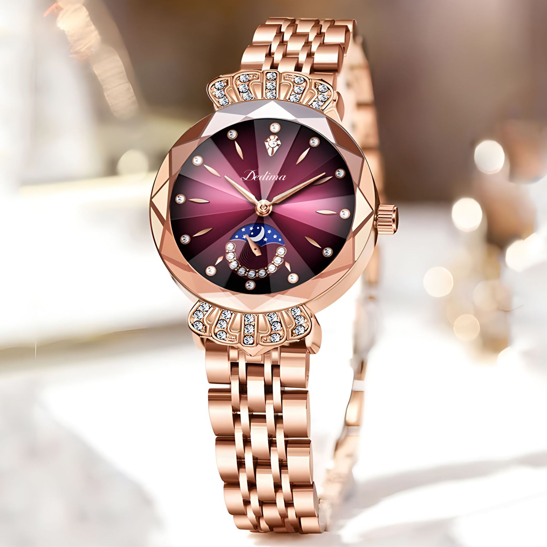 Official Authentic Fashion Rose Gold Women's Solid Steel Band Waterproof Watch Diamond Butterfly Buckle Watch Live Broadcast Hot Sale