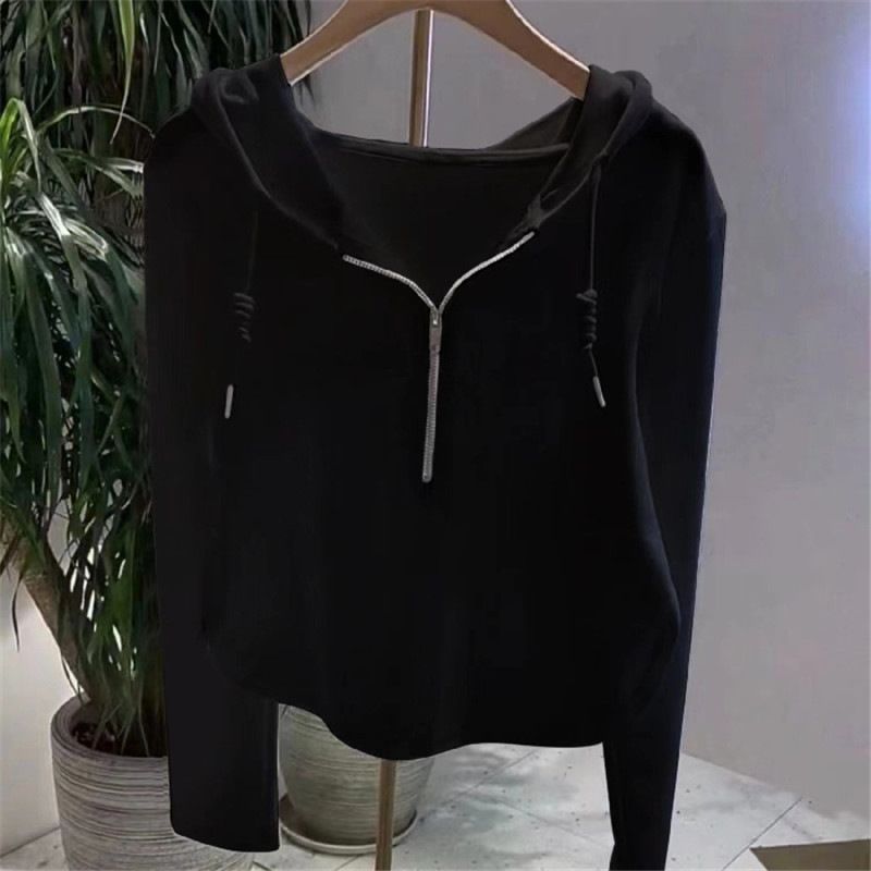 Picture of Hot Girl Short Hooded Top Women's 2025 Early Spring New European Autumn and Winter Irregular Long Sleeve T-shirt Base Shirt