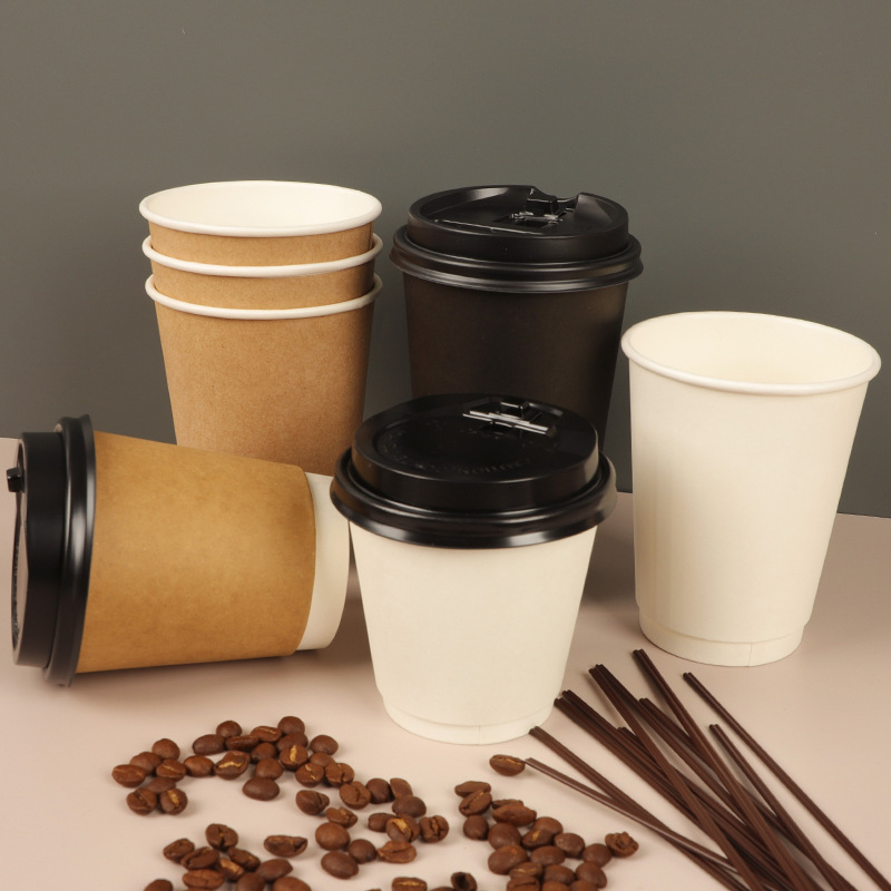 Shengshi Xiangrong Disposable Coffee Cup Commercial Thickened Milk Tea with Lid Hot Drink Packaging Hollow Double-Layer Paper Cup