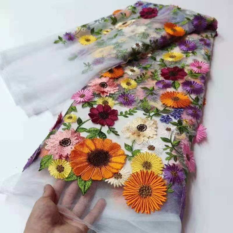 Picture of National cheongsam 3D three-dimensional floating flower mesh embroidery lace fabric unilateral sunflower dress dress fabric