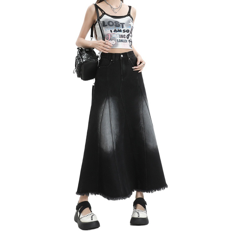 Spring and summer high waist Denim skirt women's 2024 new black umbrella skirt long slim hip skirt hot girl tide