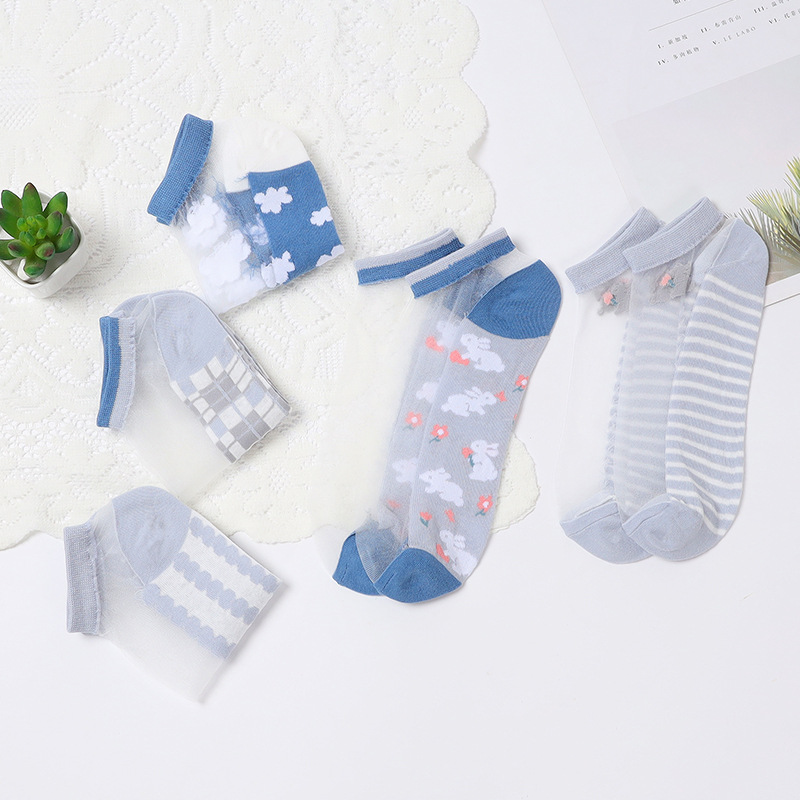 Glass stockings for women ins trendy summer thin ankle socks cute Japanese cartoon cotton bottom non-slip khaki short socks