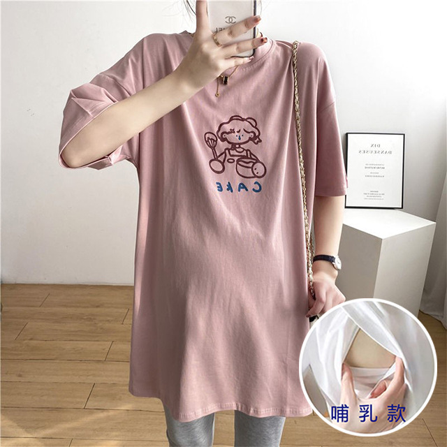 Nursing clothing maternity clothes nursing T-shirt Korean style loose mid-length short sleeve summer round neck top for pregnant women new summer