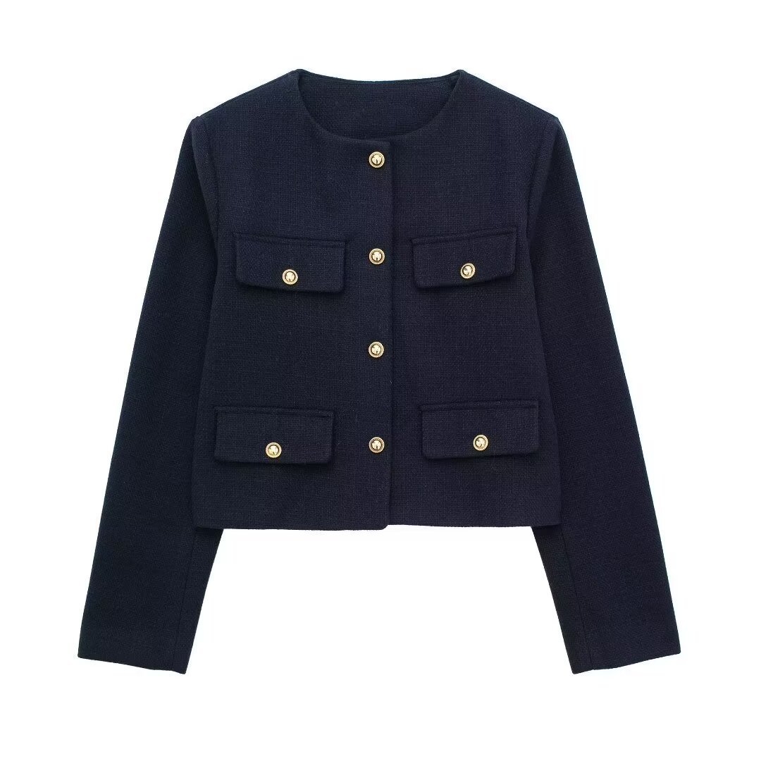 Picture of Foreign Trade Wholesale Autum New European and American Style Flip-Up Round Neck Short Jacket 3046278