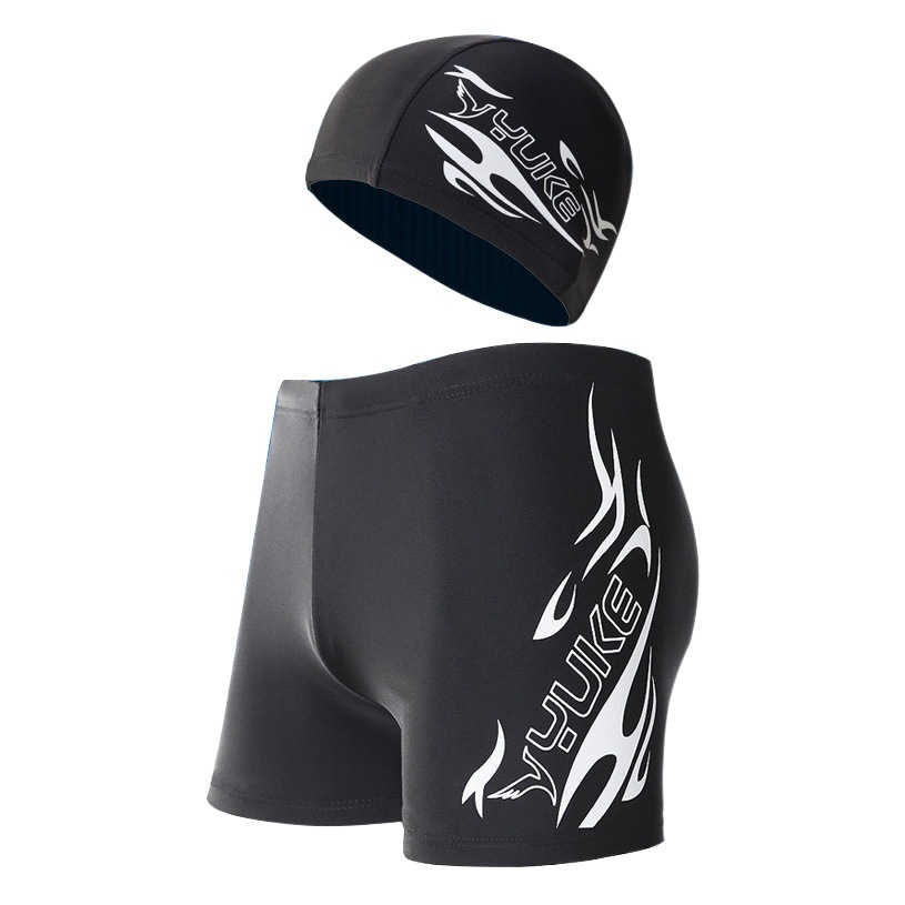 Men's boxer swimming trunks adult swimming trunks large size swimsuit swimming cap set flame swimming shorts wholesale men's quick drying