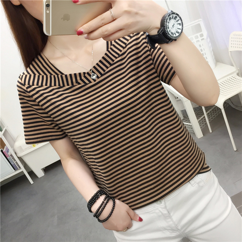 Cross-border Explosions Women's plus size Women's Cotton Short-sleeved T-shirt Women's Summer All-match Loose Striped V-neck Top Half-sleeved T-shirt